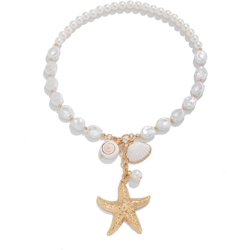 🆕 Women Gold Starfish Layered Necklace Bohemian Pearl Conch Beach Bead Jewelry